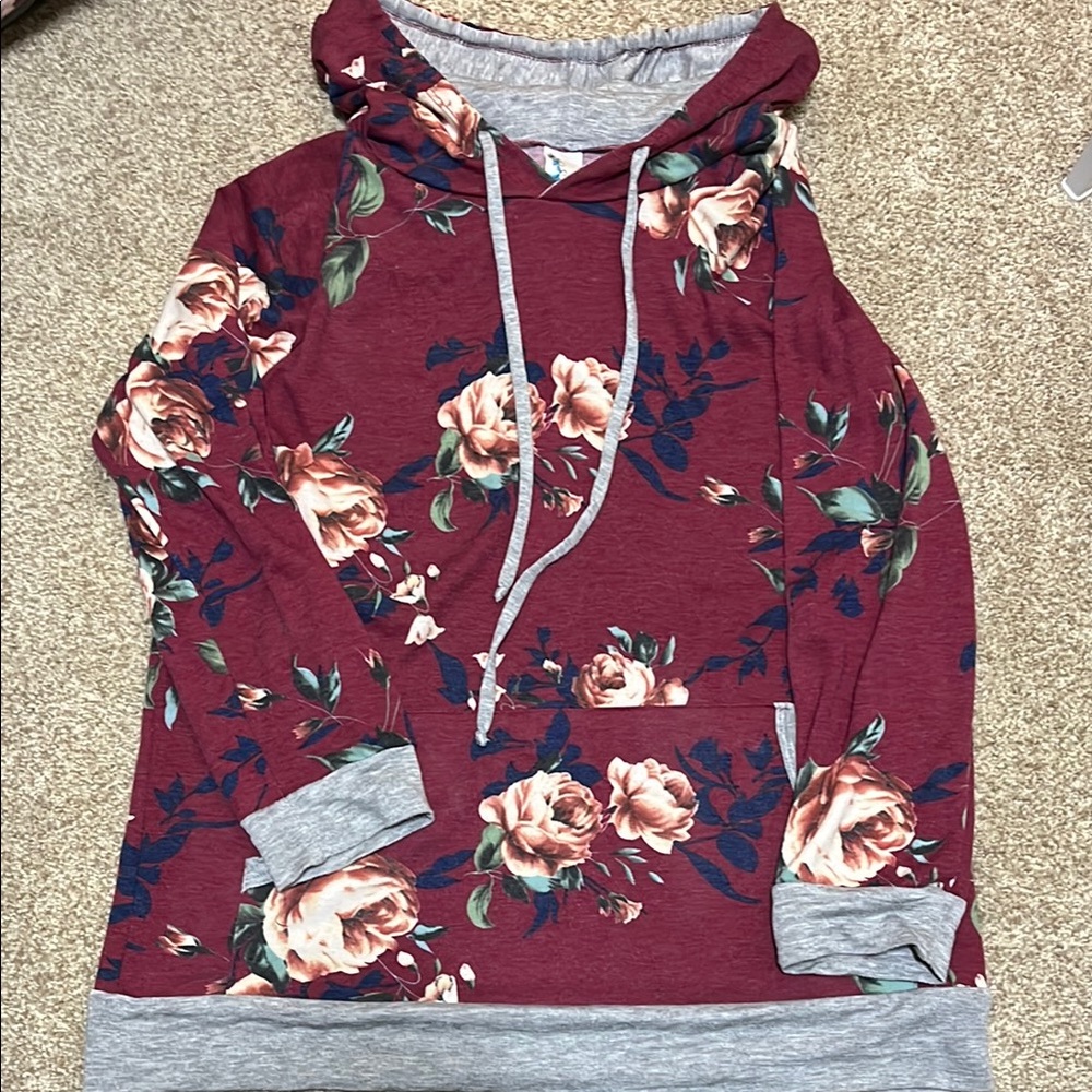 Floral Burgundy Boutique Hoodie with Gray Accents